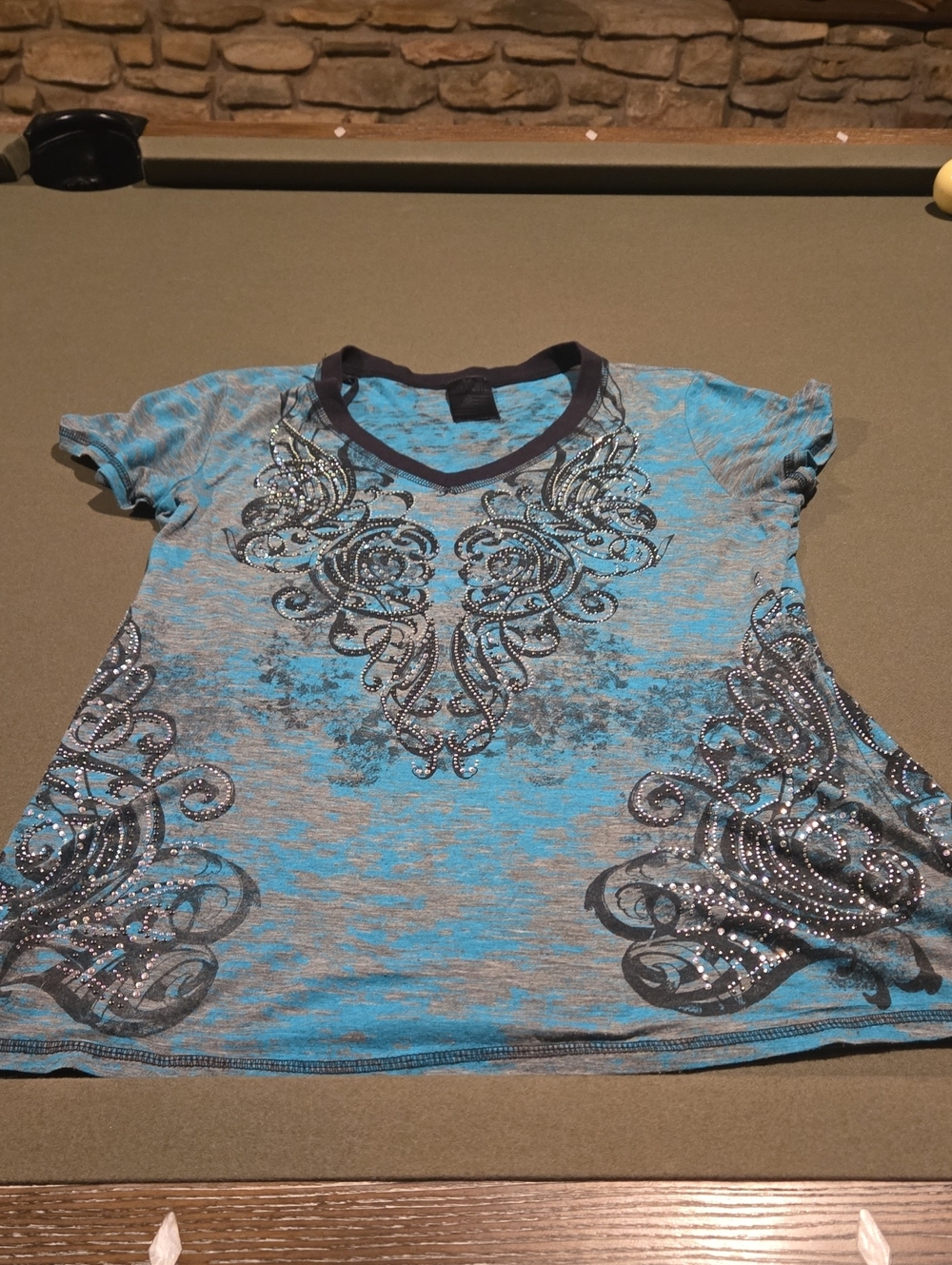 Women's Turquoise Rhinestone Embellished V-Neck Top - Picture 2 of 7